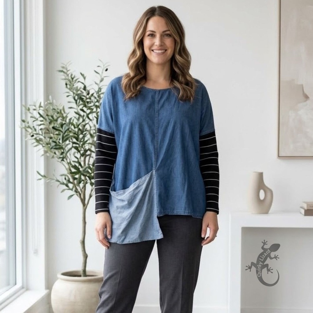 Alembika Denim Top L Blue Asymmetrical Oversized Pocket Striped Sleeve Lagenlook